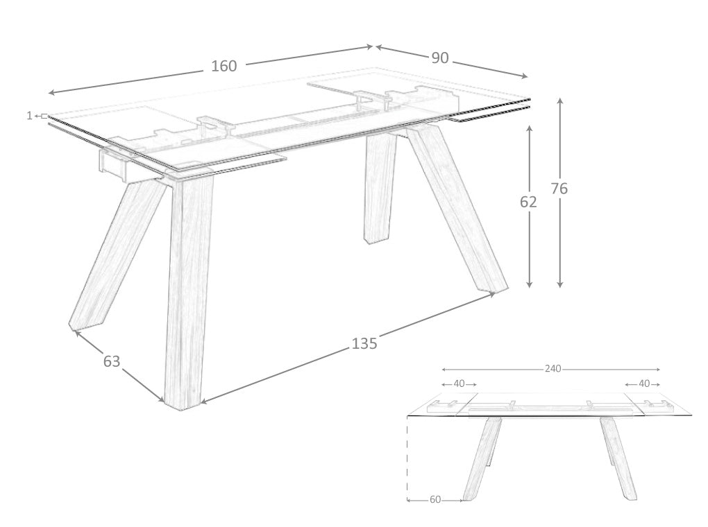 Mesa de comedor extensible de vidrio templado 160/240x90cm Angel Cerdá.