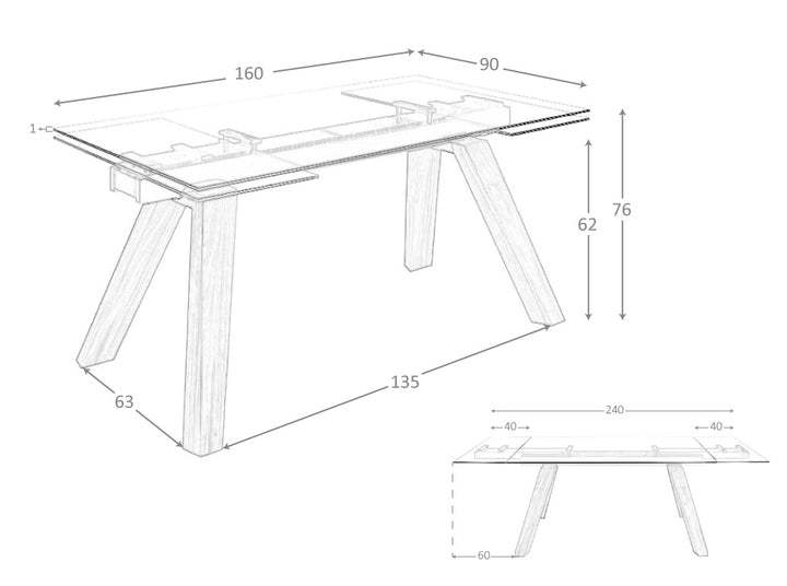 Mesa de comedor extensible de vidrio templado 160/240x90cm Angel Cerdá.