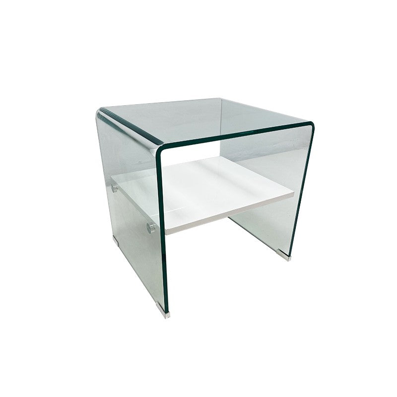 Mesa CORIN, cristal curvado, estante blanco 50x45 cms