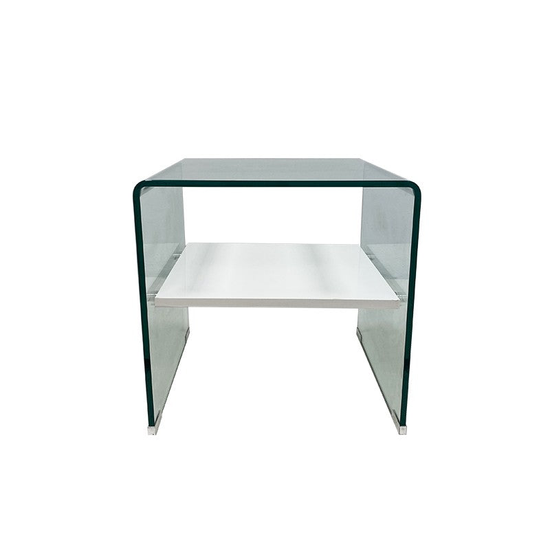 Mesa CORIN, cristal curvado, estante blanco 50x45 cms